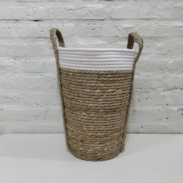 CANASTO CON ASA RATTAN MARRON Y BLANCO CHICO 25X26CM