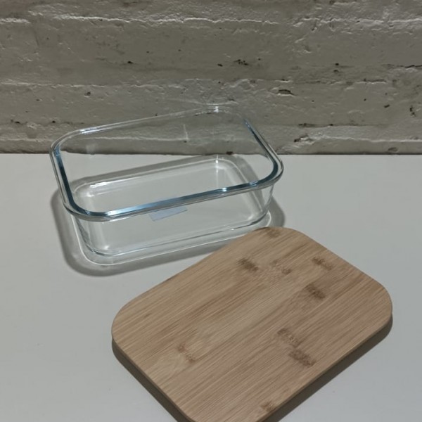 HERMETICO VIDRIO TAPA BAMBOO RECTANGULAR 370ML 15x11x6CM