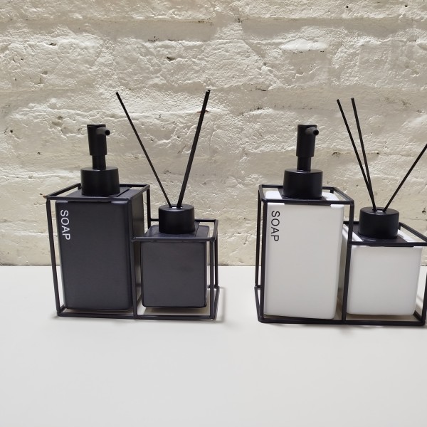 SET DIFUSOR CUBO Y DISPENSER BASE METAL BLANCO